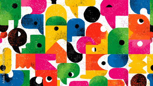 Abstract shapes with blocky, textured colors on a white backdrop