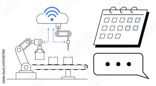 Robotic arm on conveyor, cloud connectivity, calendar, and chat bubble. Ideal for automation, IoT, scheduling, AI manufacturing collaboration and workflow concepts. Simple flat metaphor