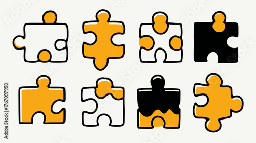 A set of eight stylized jigsaw puzzle pieces in yellow, white, and black
