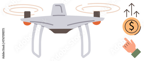 Flying quadcopter with spinning propellers, dollar coin with up arrows, pointing hand. Ideal for technology, innovation, automation, economic growth, investment business modernization. Simple flat