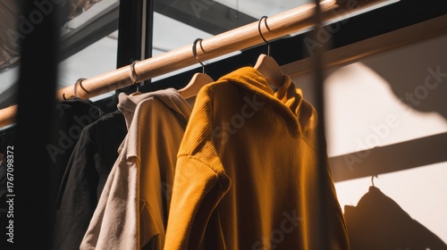 Clothing rack with hoodies displayed indoors natural lighting and shadows