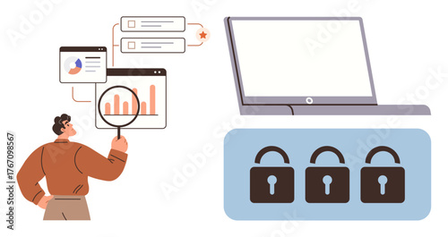Man analyzing data using a magnifier and charts, laptop highlighting digital work, three locks symbolizing cybersecurity. Ideal for data analysis, security, privacy, technology, business, online
