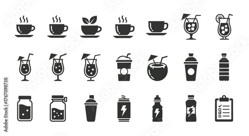 Collection of various beverage icons, including coffee, tea, juice, cocktails, and energy drinks for diverse needs