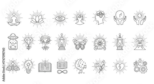 Collection of spiritual and mystical icons, including meditation, lotus, eye, butterfly for diverse esoteric themes