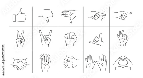 Collection of various hand gesture icons, including thumbs up, peace sign, handshake for diverse communication