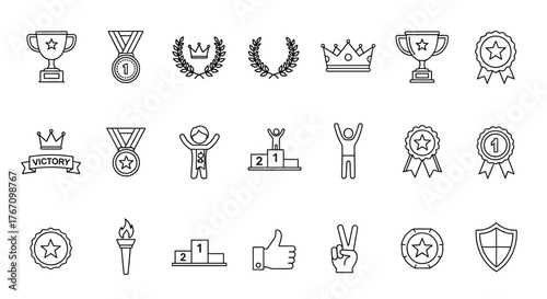 A set of linear icons on the theme of awards and achievements contains images of cups, medals, laurel wreaths, etc