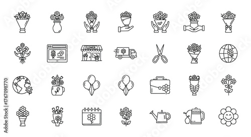 A set of linear icons on the theme of floristry and flower shop contains images of bouquets, flowers, vases, etc
