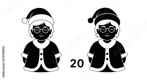 This festive monochrome puzzle features two Mrs. Claus silhouettes, challenging observers to find subtle differences, ideal for engaging holiday fun.
