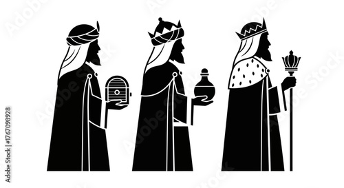 Three wise kings in profile, depicted as elegant black silhouettes, bearing traditional gifts, symbolizing the Epiphany celebration.