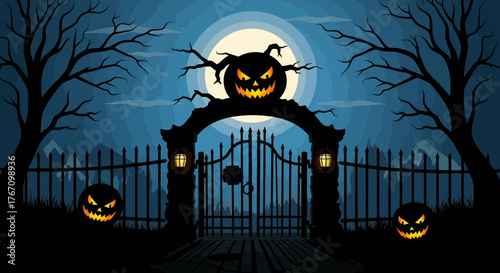 Spooky Halloween night scene with glowing pumpkins, eerie gate, and full moon perfect for holiday cards, invitations, or haunted house decor projects