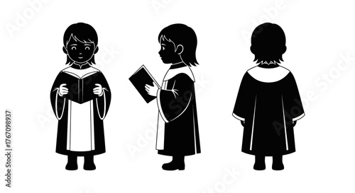 Three distinct silhouette views of a young child choir member in a traditional robe, holding a hymn book, perfect for religious or educational themes.