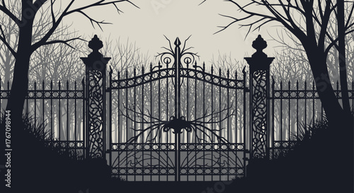 Eerie silhouette of an ornate wrought iron gate entrance to a spooky forest, perfect for Halloween designs, gothic themes, or haunted house concepts