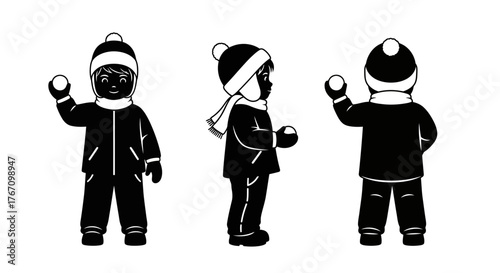 Three monochrome silhouettes depict a joyful child dressed in warm winter attire, holding snowballs and ready for playful outdoor activities.