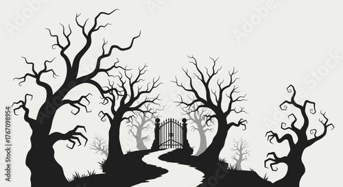 Spooky haunted forest with dark twisted trees and ominous gate, perfect for Halloween designs and scary story illustrations, a chilling vector graphic