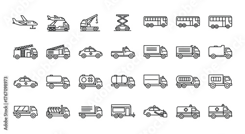 Collection of various transportation vehicles, including cars, trucks, buses, and emergency vehicles in outline style