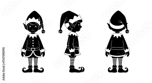 A charming black silhouette of a festive Christmas elf is presented in three distinct views, perfect for holiday season graphic design projects and whimsical illustrations.