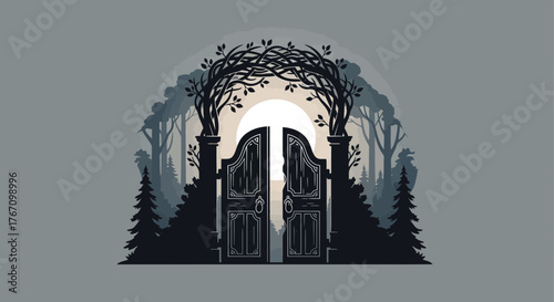 Enchanted forest entrance with an open gate, beckoning a journey into a magical world, where fantasy meets reality, an invitation to adventure and wonder
