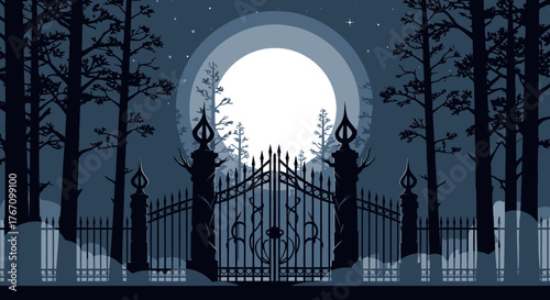 Enchanting moonlit forest scene with ornate gate and towering trees, perfect for fantasy book covers, Halloween designs, and gothic-themed projects