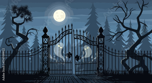 Spooky Halloween night scene with ghosts peering through ornate gates under a full moon, perfect for invitations, posters, and eerie digital art projects