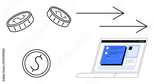 Coins and digital arrows symbolize transaction flow to a laptop with a payment interface. Ideal for finance, e-commerce, fintech, money transfer, online banking, cashless economy, global payments