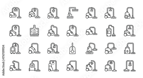 Set of linear icons of vacuum cleaner collection of cleaning, housework, appliance and domestic equipment symbols