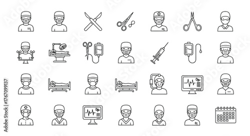 Set of linear icons of medical tools and equipment collection of surgery, medicine, healthcare and hospital symbols
