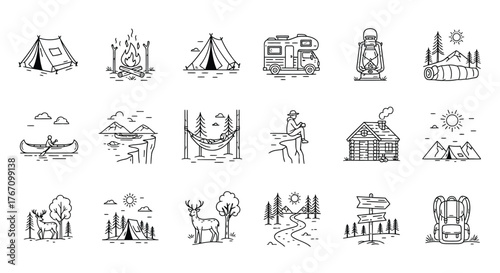 Set of camping and outdoor activity elements tent, campfire, rv, lantern, canoe, hammock, cabin, deer, backpack and other icons
