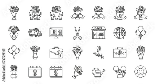 Set of flower shop icons contains such icons as bouquet, delivery, online order, scissors and more vector art