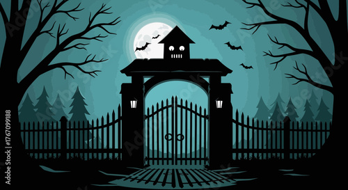Eerie Halloween night scene with haunted gate, bats flying under full moon in spooky forest, perfect for Halloween decorations and scary themes