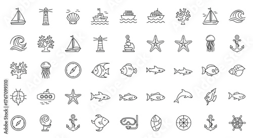 Sea and nautical vector linear icons set boat, lighthouse, shell, ship, wave, tree, compass, fish, shark, anchor
