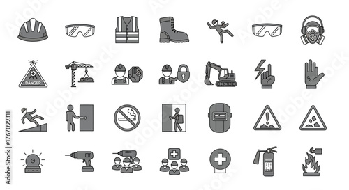 Safety and protection vector linear icons set helmet, glasses, vest, boot, fall, crane, worker, excavator, hand
