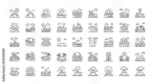 Landscape scenery line art collection mountain, hill, field, farm, city, sea, volcano and other nature elements