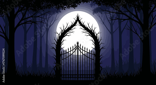 Mysterious full moon over a spooky forest gate, perfect for fantasy book covers or Halloween designs, a dramatic and eerie scene for your creative projects