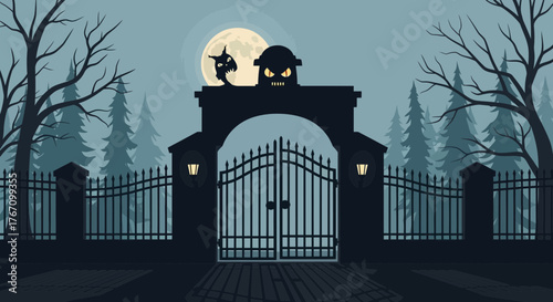 Eerie Halloween night scene with haunted gate, spooky monsters, and full moon creating a chilling atmosphere, perfect for horror themed designs