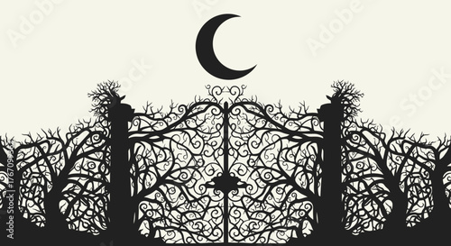 Eerie gate with gnarled branches under crescent moon, perfect for Halloween designs, spooky invitations, dark fantasy themes, and gothic artwork