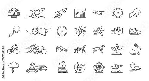 Collection of speed and delivery vector icons in line style for web design and mobile app development