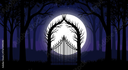 Eerie full moon night through the forest gate, perfect for Halloween designs or spooky stories, offering an element of mystery and fantasy