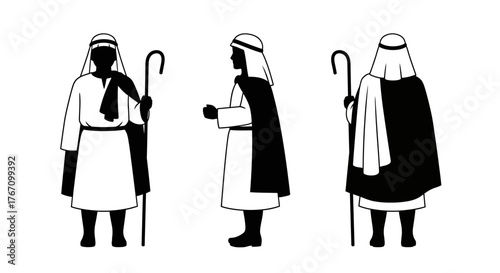Three black and white silhouettes portray a shepherd, robed and holding a crook, from multiple angles, representing ancient biblical life.