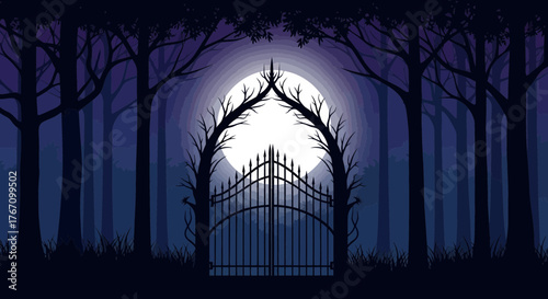 Enchanting moonlit forest with ornate gate, a mystical and serene scene perfect for fantasy book covers or Halloween themed projects, inviting mystery and allure