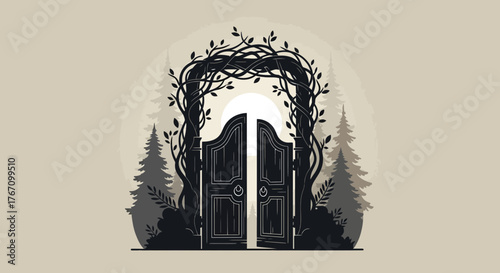 Enchanted forest gate vector art leading to a magical realm, perfect for fantasy book covers, game design, or mystical website backgrounds, inviting wonder and adventure