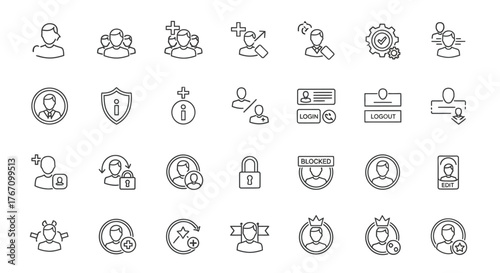 Collection of user account icons set of linear icons as user, login, logout, profile, security, settings and more