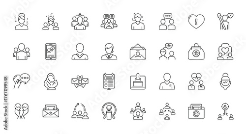 Collection of communication icons set of linear icons as people, chat, message, group, love, support, team and more