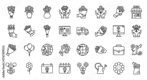 Flower delivery service icons set collection of linear vector illustrations of floristry and gift theme