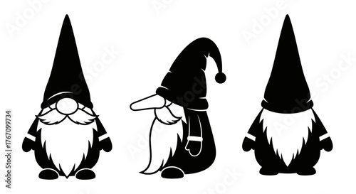 Three charming black silhouette gnomes with long white beards and pointy hats, perfect for festive holiday designs and whimsical fantasy themes.