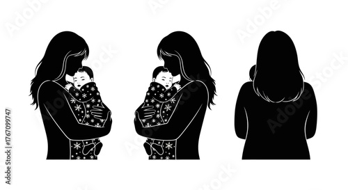 A tender silhouette illustration captures the profound bond between a loving mother and her peacefully sleeping infant, symbolizing maternal care and new life.