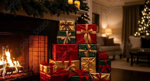 Large stack of festive Christmas gifts in red, green, and gold wrap, placed next to a warm, glowing fireplace indoors.