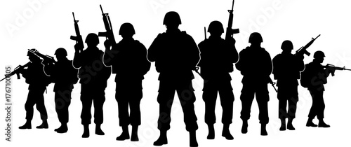 Black and white silhouette of armed soldiers standing on hill, military team with rifles, army patrol vector illustration background