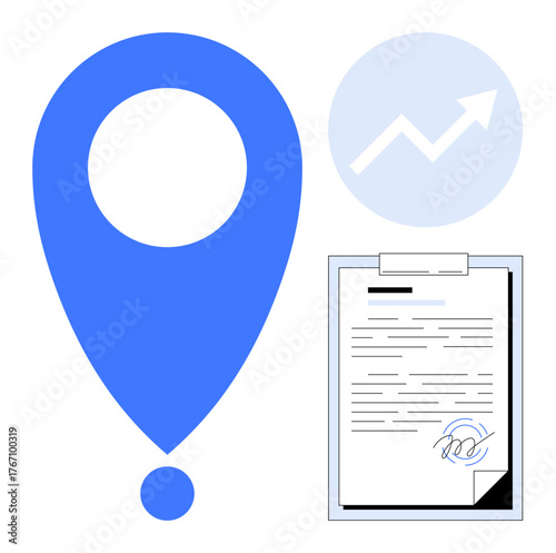 Blue location marker, arrowed growth graph, and document with signature, denoting navigation, progress, contract, or business deal. Ideal for business, strategy success direction approval