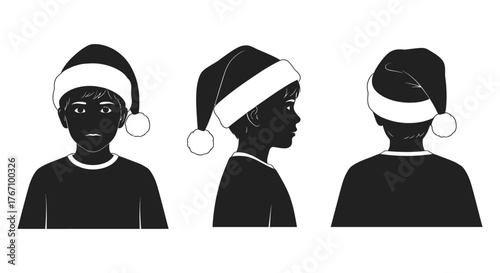 A monochrome vector illustration showcasing a young child wearing a festive Santa hat, presented in front, side, and back silhouette views for holiday design projects.