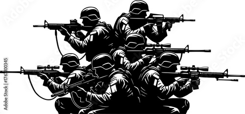 Black and white silhouette of armed soldiers standing on hill, military team with rifles, army patrol vector illustration background